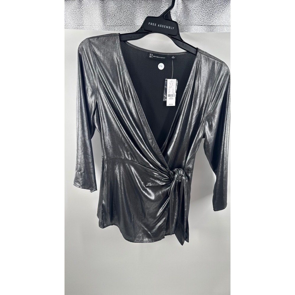 New York & Company Womens Silver Metallic Wrap Top Side Tie V-Neck Blouse NWT M